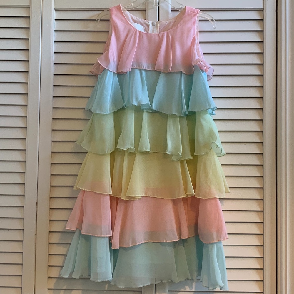 Biscotti Shift Dress with Pastel Tiers of Ruffles size 7